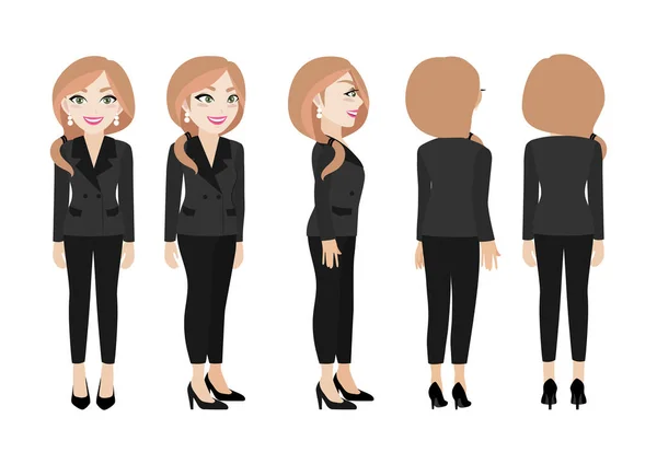 Karakter Kartun Dengan Wanita Bisnis Depan Samping Belakang Tampilan Karakter - Stok Vektor