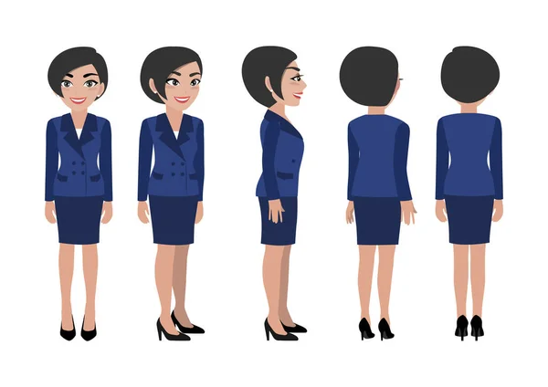 Personaje Dibujos Animados Con Mujer Negocios Frente Lado Espalda Ver — Vector de stock