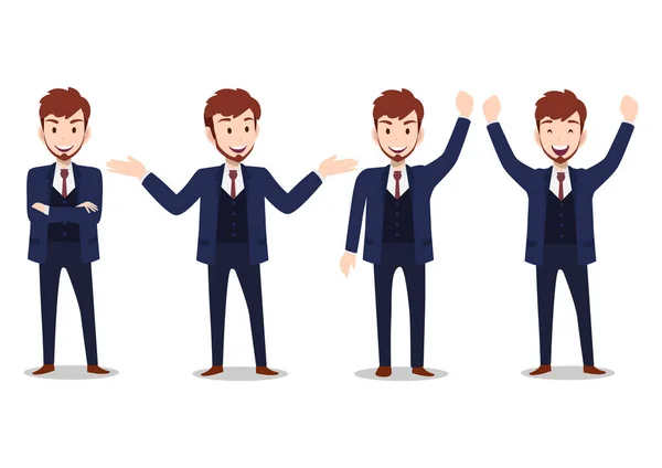 ビジネスマン漫画のキャラクター 4つのポーズのセット オフィススタイルのスマートスーツのハンサムなビジネスマン ベクターイラスト — ストックベクタ