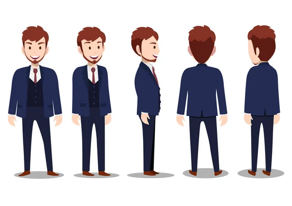 Cartoon Character Business Man Suit Animation Front Side Back View — Stock Vector