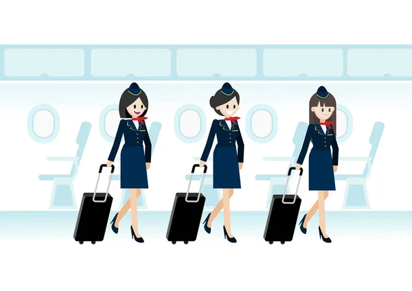 Charakter Karikatury Třemi Krásnými Letuškami Držícími Cestovní Tašku Proudovém Cestujícím — Stockový vektor