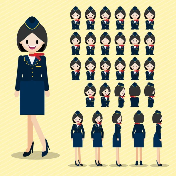 Postać Kreskówek Piękną Stewardessą Pani Głowa Wektor Zestaw Przodu Boku — Wektor stockowy