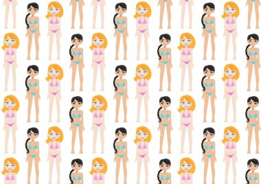 Yaz mevsiminde tatil düzeninde ve pürüzsüz. Çizgi film karakteri tasarımı, moda yüzme süitindeki güzel bayan yaz sezonunda sahilde duruyor.