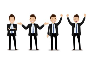 İş adamı çizgi film karakteri, dört pozlu. Ofis tarzı şık takım elbiseli yakışıklı bir iş adamı. Vektör illüstrasyonu