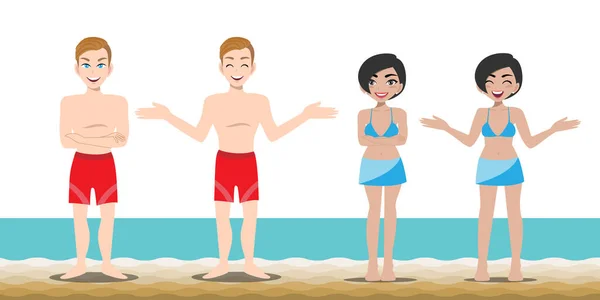 Summer Season Holiday Cartoon Character Beach Handsome Man Pretty Lady — Stock Vector