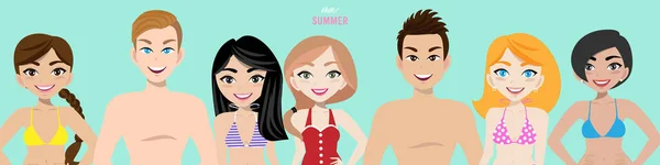 Summer Season Holiday Background Cartoon Character Design Handsome Man Pretty — Stock Vector