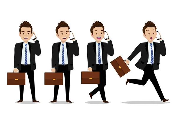 Businessman cartoon character, comunication by mobile phone with exciting emotion and set of four poses. Handsome business man in office style smart suit . Vector illustration