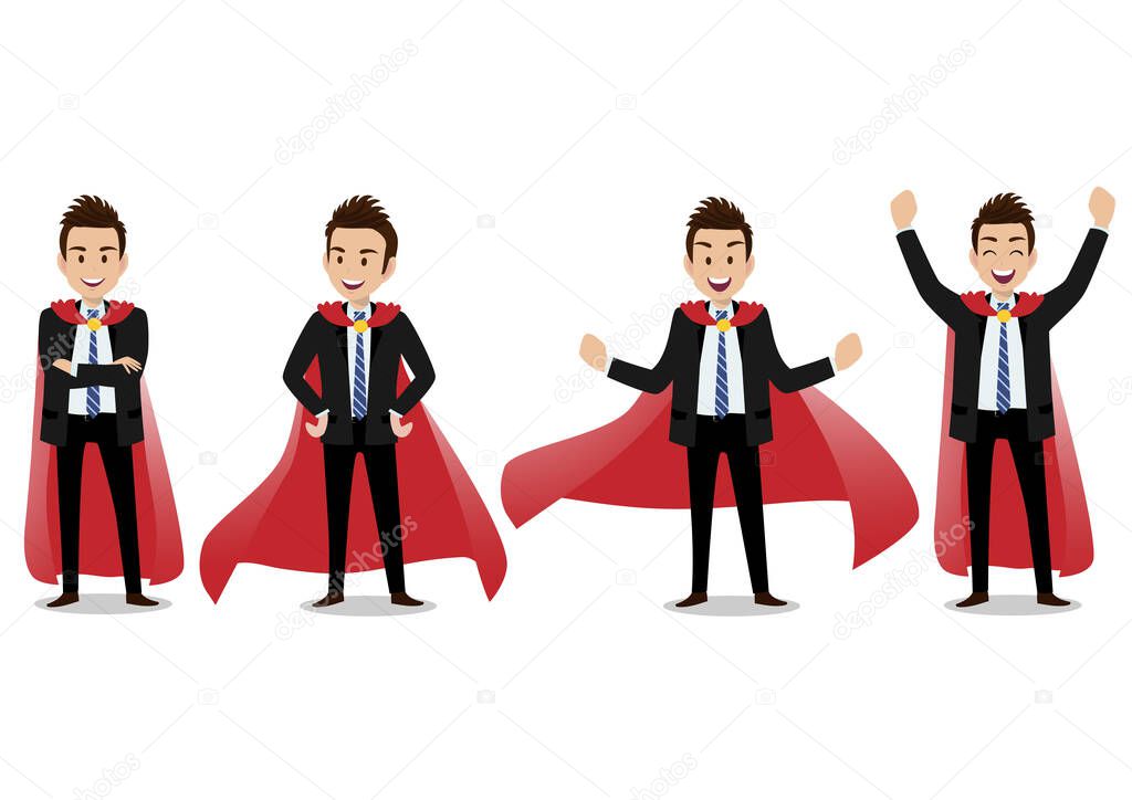 Businessman cartoon character in a superhero costume, Business winner concept with of hero in various poses.Super manager set. Vector illustration