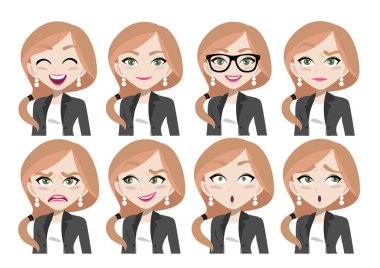 Güzel iş kadınının yüz ifadeleri. Farklı kadın duyguları. Akıllı çizgi film karakteri. Vektör illüstrasyonu beyaz arkaplanda izole edildi
