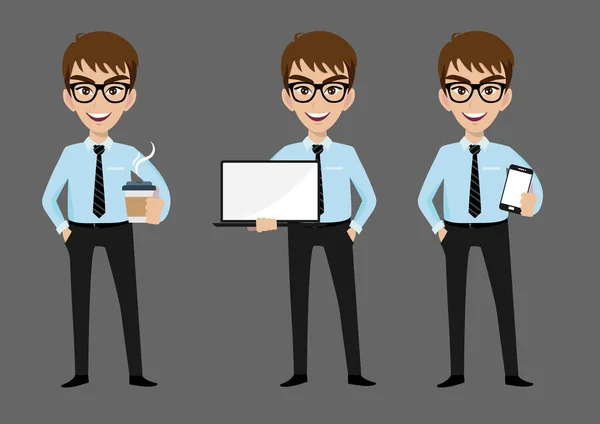Empresário Personagem Desenho Animado Conjunto Três Poses Bonito Homem Negócios — Vetor de Stock