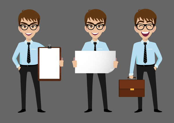 Персонаж мультфильма бизнесмен, набор из трех поз. Красивый бизнесмен в офисной одежде держит бумажную скрепку, большую бумагу и сумку. Векторная иллюстрация
