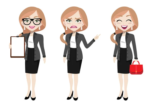 Geschäftsfrau Zeichentrickfigur Set Aus Drei Posen Schöne Geschäftsfrau Bürokleidung Büroklammerpappe — Stockvektor