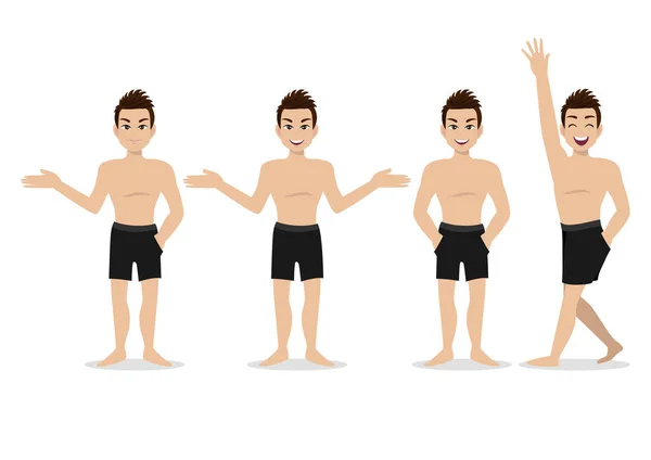 海滩上的卡通人物 戴着泳裤的英俊男子和活动设计矢量 — 图库矢量图片