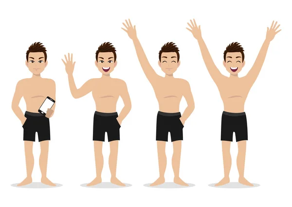 海滩上的卡通人物 戴着泳裤的英俊男子和活动设计矢量 — 图库矢量图片