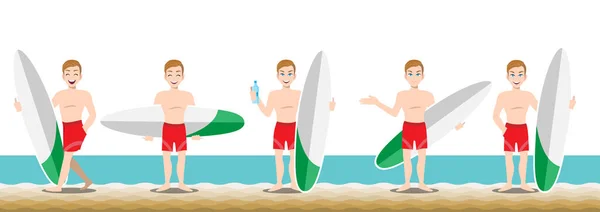 Letní Prázdniny Cartoon Charakter Pláži Pohledný Muž Plaveckými Kalhoty Aktivity — Stockový vektor