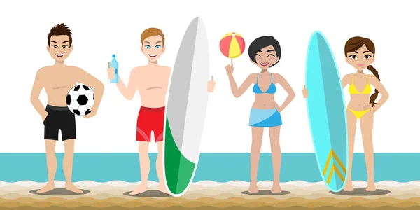Letní Prázdniny Cartoon Charakter Pláži Fešák Muž Krásná Dáma Mají — Stockový vektor