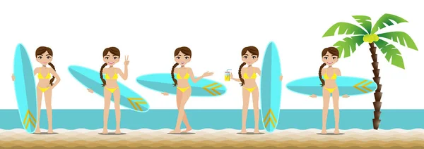 Vacaciones Verano Personaje Dibujos Animados Playa Bonita Dama Con Traje — Archivo Imágenes Vectoriales