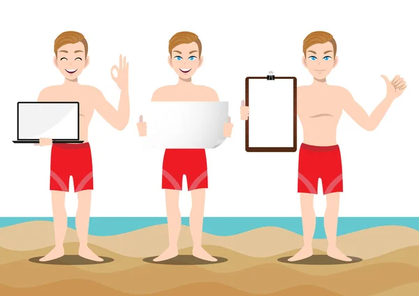 Vacaciones Verano Personaje Dibujos Animados Playa Hombre Guapo Con Pantalón — Archivo Imágenes Vectoriales