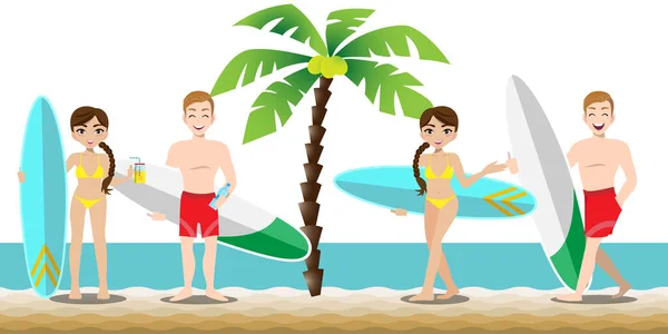 Zomerseizoen Vakantie Cartoon Karakter Het Strand Knappe Man Mooie Dame — Stockvector