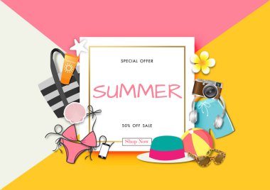 Yaz aksesuarlarının kağıt sanatı, vektör illüstrasyon şablonu, afişler, duvar kağıtları, davetiyeler, posterler, broşürler, kupon indirimi.