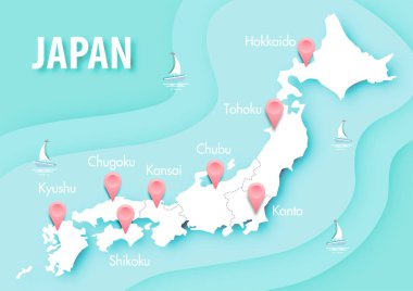 Japon kağıt sanatı haritası mavi okyanus pastel renk arka plan vektörü üzerinde 3B biçiminde