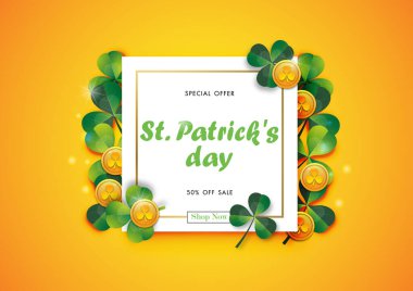 Yeşil Yonca İzni ve Altın Sikke Tasarım Vektörü 'yle Aziz Patrick Günü Satışı' nüz kutlu olsun.