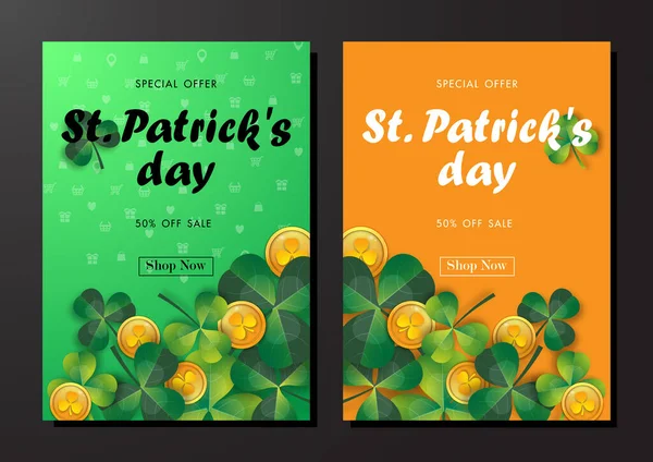 Happy Patrick Day Ausverkauf Vor Hintergrund Mit Grünem Shamrock Leave — Stockvektor