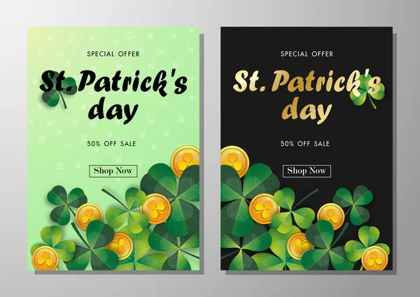 Happy Patrick Day Ausverkauf Vor Hintergrund Mit Grünem Shamrock Leave — Stockvektor