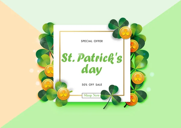 Happy Patrick Day Sale Background Green Shamrock Leave Gold Coin — Stock Vector