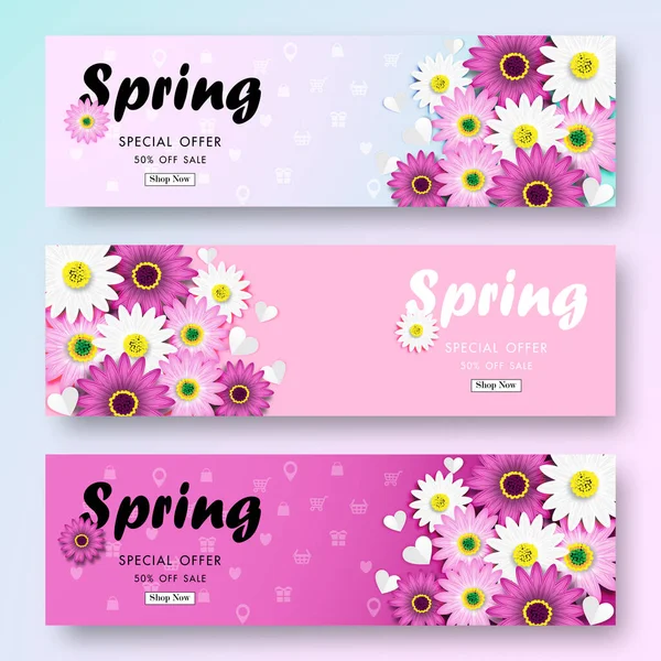 Frühjahrsverkauf Vor Hintergrund Mit Buntem Daisy Flower Blossom Design Vector — Stockvektor