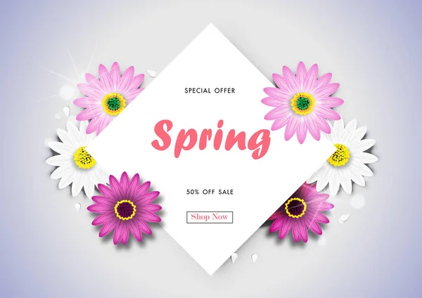 カラフルなデイジーの花のデザインベクトルと春の販売オフの背景 — ストックベクタ