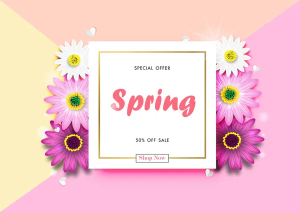 カラフルなデイジーの花のデザインベクトルと春の販売オフの背景 — ストックベクタ