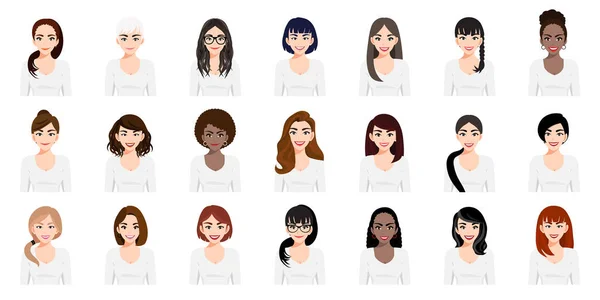 Personagem Desenhos Animados Com Conjunto Meninas Bonitos Com Diferentes Penteados — Vetor de Stock