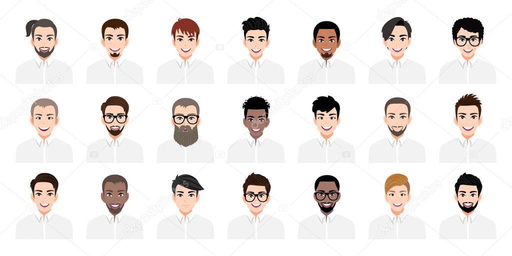 Cartoon character with a set of young men with different hairstyles and color in white shirt flat icon style design vector