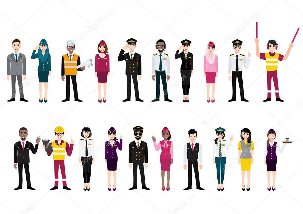 Group of airport crew poses and team of professional airline international workers on a white background. Airline staff. Cartoon character design vector
