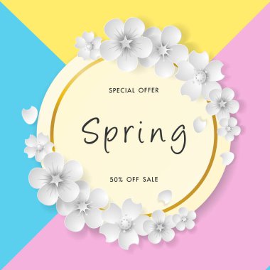 Güzel çiçekli bahar satışı arka planı, vektör illüstrasyon şablonu, afişler, duvar kağıdı, davetiye, posterler, broşür, kupon indirimi.