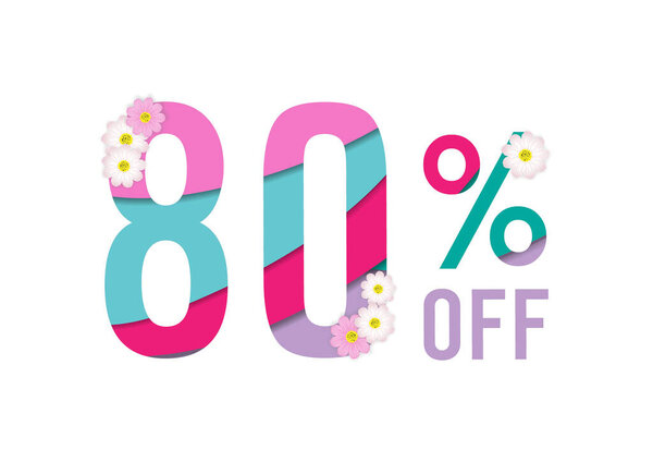 Spring sale colorful paper cut background with beautiful flower,eighty percent off,vector illustration template, banners, Wallpaper, invitation, posters, brochure, voucher discount.