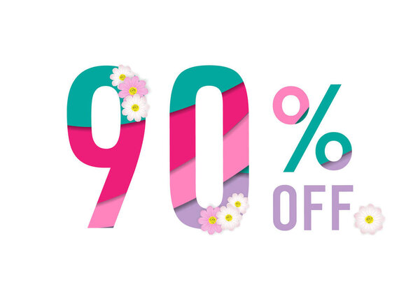 Spring sale colorful paper cut background with beautiful flower,ninety percent off,vector illustration template, banners, Wallpaper, invitation, posters, brochure, voucher discount.