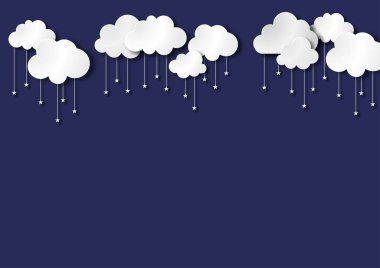 Koyu mavi gökyüzü arkaplanı ve beyaz bulut, gece ve yıldız, kağıt sanat tarzı vektör