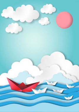 Kağıt sanatı, origami, okyanus ya da deniz manzarası ve mavi gökyüzü kağıt sanatı stili vektör ile liderlik kavramı