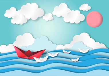 Kağıt sanatı, origami, okyanus ya da deniz manzarası ve mavi gökyüzü kağıt sanatı stili vektör ile liderlik kavramı