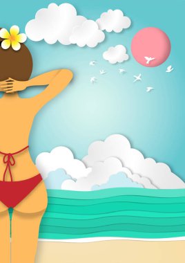 Kağıt sanatı yaz arkaplanı, güzel plaj, seksi bayan, kağıt kesim tarzı vektör 01 'de kırmızı bikini.