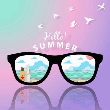 Yaz pastel arka planında güneş gözlüğü kağıt sanat vektörüyle güzel plajlar.