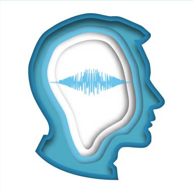 Kağıt sanatı tarzı düşünce dalgası sanat eseri modern kağıt kafa insan vektörüyle mavi ve beyaz rengi kesti