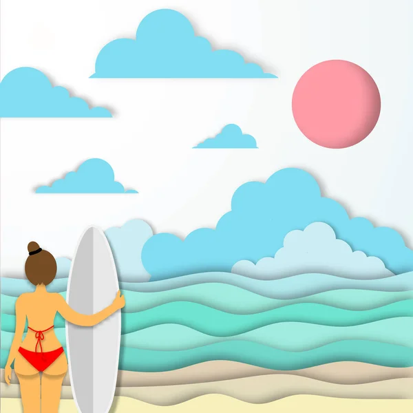 Sexy Dame Und Waveboard Roter Bikini Schöne Vektor Illustration Aus — Stockvektor