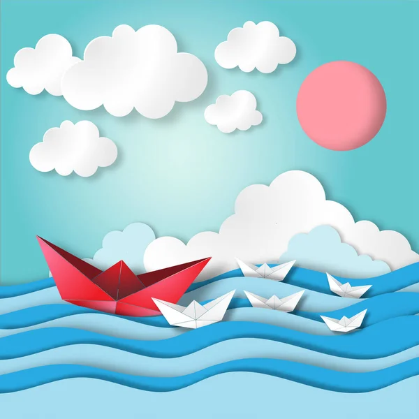 Concepto Liderazgo Con Arte Papel Origami Vista Mar Mar Vector — Archivo Imágenes Vectoriales