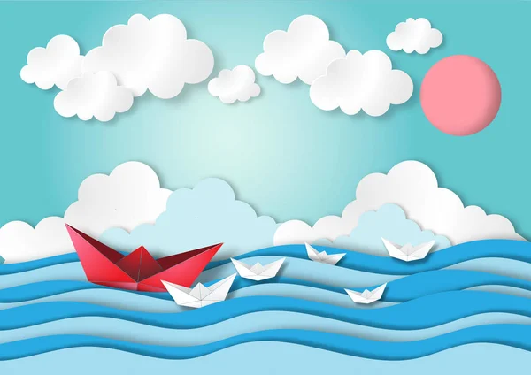 Concepto Liderazgo Con Arte Papel Origami Vista Mar Mar Vector — Vector de stock