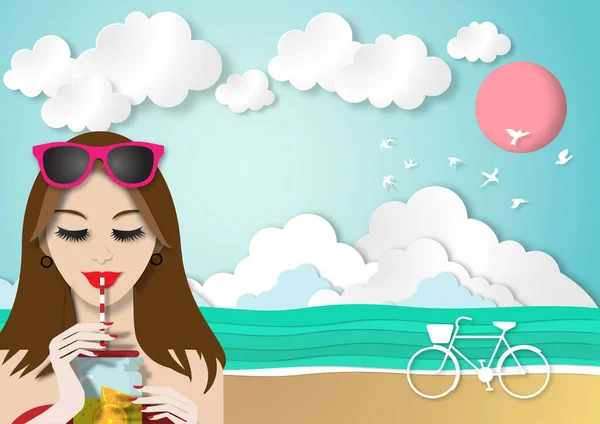 Sommer Schönen Strand Hintergrund Mit Sexy Dame Trinken Cocktail Papier — Stockvektor