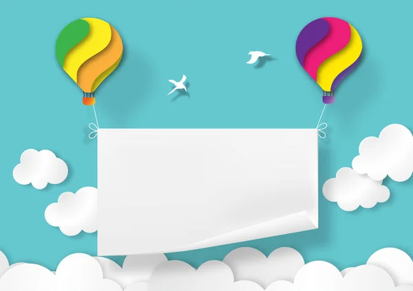 Papel Blanco Globo Colorido Cielo Azul Blanco Nube Papel Arte — Vector de stock