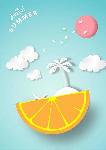 Papel Arte Fondo Verano Con Isla Limón Cocotero Blanco Origami — Vector de stock